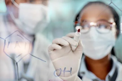 Hands, scientist and drawing molecule on glass for research, diagram struct.. Stock Photos