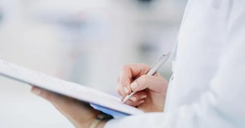 Hands, scientist and notes in lab with clipboard, research and report for m.. 스톡 사진