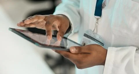 Hands, scientist and tablet for report at lab with scroll, admin and medica.. Stock Photos