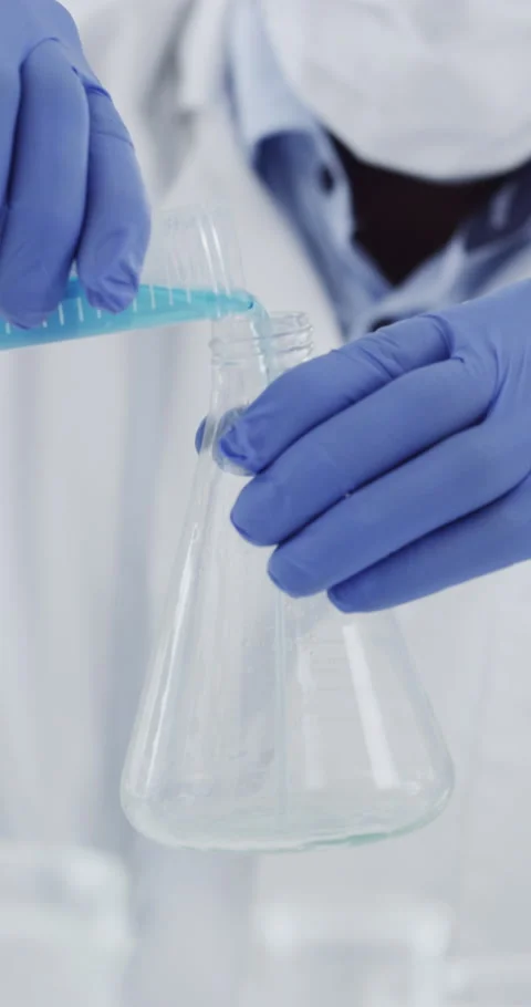 Hands, scientist and vial with test tube at laboratory, medical research and ppe Stock Footage 336736144