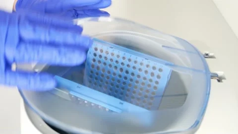 Hands of scientist puts 96 well plate with patienten DNA samples into laboratory Stock Footage 156014820