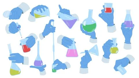 Hands of scientists holding laboratory test tubes and beakers for lab experiment イラスト素材