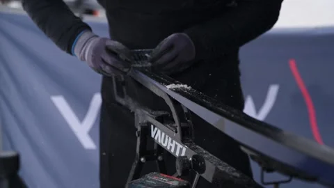 Hands Scraping Ski Base During Maintenance Vídeo Stock 331290794