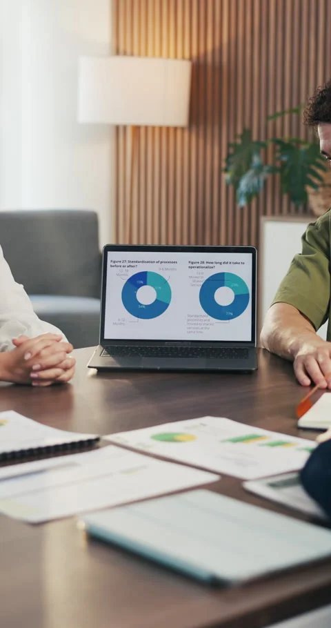 Hands, screen and people with data on laptop for meeting, stats or growth chart Stock Footage 335293247