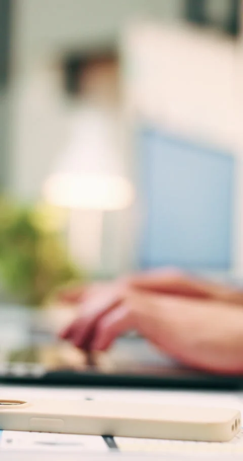 Hands, scroll and laptop in office with phone notification, marketing analytics Stockbeeldmateriaal 336327330