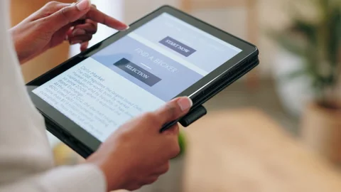 Hands scroll blog on digital tablet, woman reading online article from screen Stock Footage 225382154
