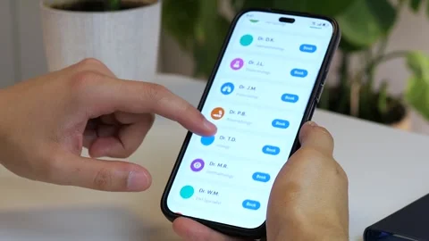 Hands scroll through a healthcare apps directory of doctors, searching for the Stock Footage 316038785
