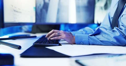 Hands, security guard and keyboard with surveillance with computer for report Stock Photos