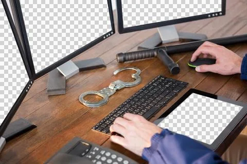 Hands of security officer using computer Stock Photos