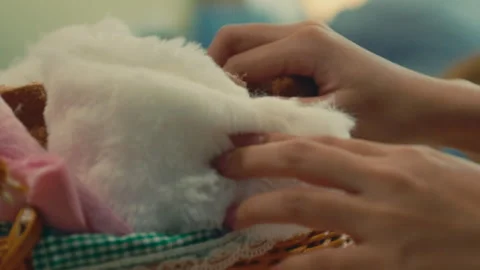 Hands Selecting the Perfect Fabric for a Customizable Bear at Build-A-Bear Stock Footage 296278313