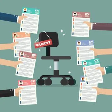 Hands sending cv resume documents for office chair with vacant sign Illustrazione stock