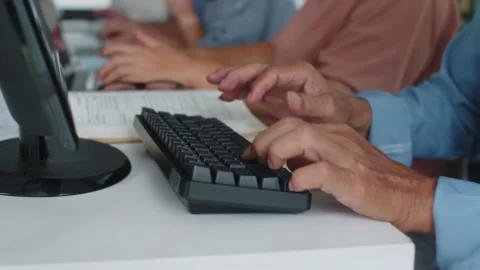 Hands of Senior Man Typing on Keyboard Attending Computer Class Stock Footage 263699400
