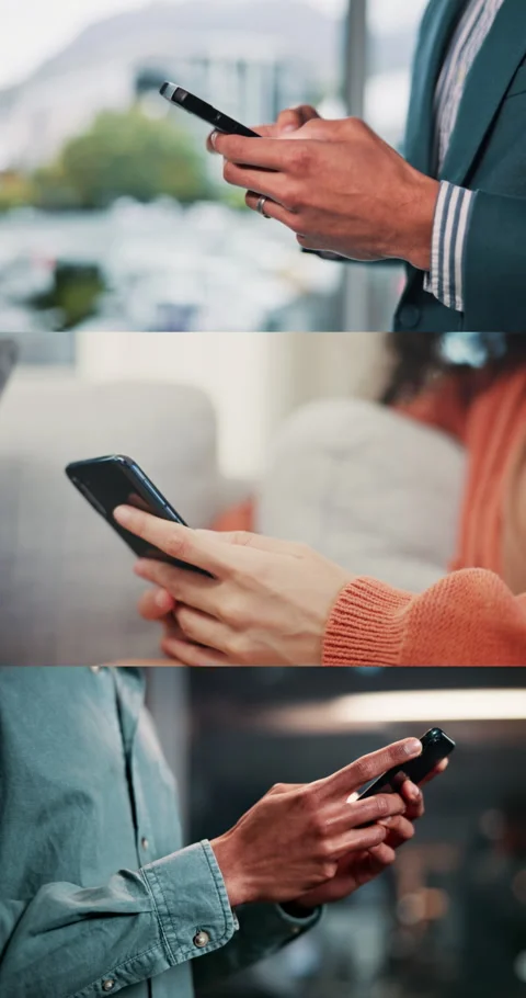 Hands, series and typing with mobile users on location for communication, social Stock Footage 327250894