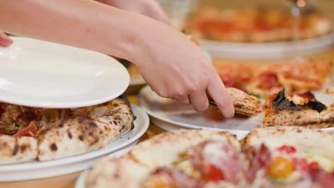 Hands Serving Sourdough Pizza Slices at Italian Restaurant Dinner Party Stock Footage 338375212