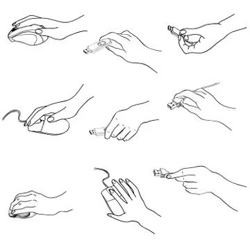 Hands set. Hand holding memory stick, computing, mouse, plug. Doodle draw c.. Stockillustratie