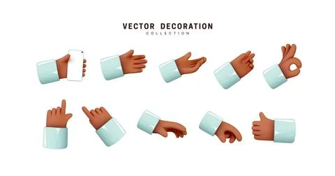 Hands set of realistic 3d design in cartoon style. Hand shows different ges.. Stock Illustration