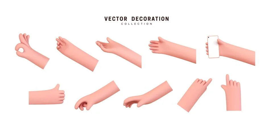 Hands set of realistic 3d design in cartoon style. Hand shows different ges.. Stock Illustration