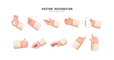 Hands set of realistic 3d design in cartoon style. Hand shows different gestu Stock Illustration