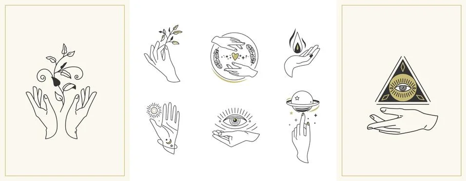 Hands set in simple flat esoteric boho style. Feminine hand logo collection with Stock Illustration
