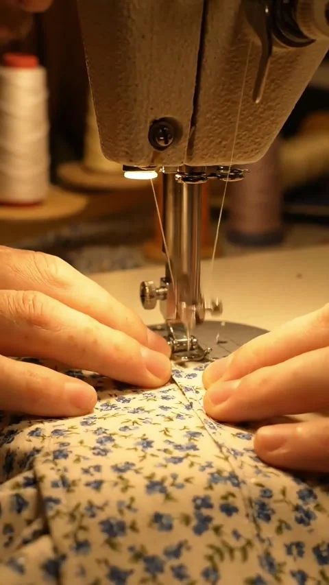 Hands Sewing Floral Fabric on Machine. Stock-Footage 341268264
