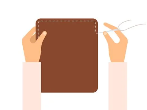 Hands with a sewing needle sewing a leather tablet vector flat isolated Stock Illustration
