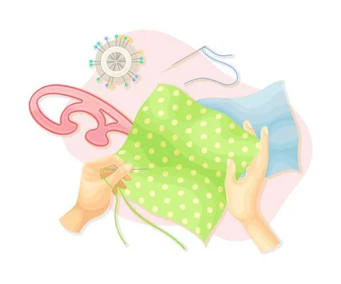 Hands sewing with needle. Top view of creative work process, hobby and craft Stock Illustration