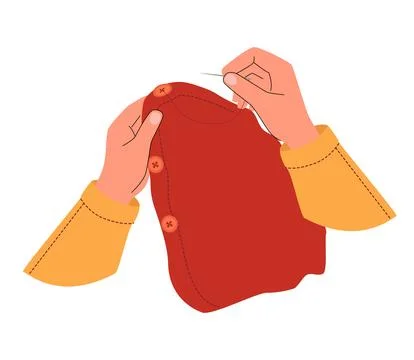 Hands sewing a red buttoned garment with a needle and thread. A cozy craft scene Stock Illustration