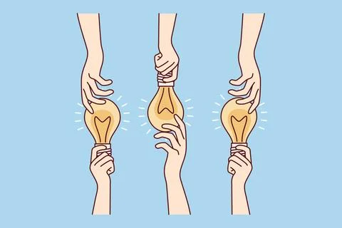 Hands sharing glowing light bulbs are metaphor for ideas or joint brainstorming Stock Illustration