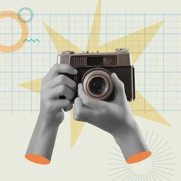Hands shooting a retro camera in a collage vector illustration, photography.. Stock Illustration