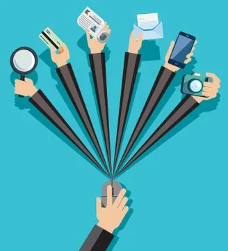 Hands with shopping and business elements isolated on colored computer monito Illustrazione stock
