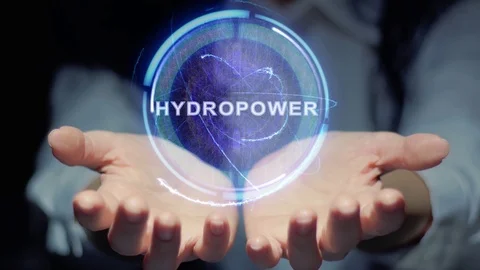 Hands show round hologram Hydropower Stock Footage 107919861