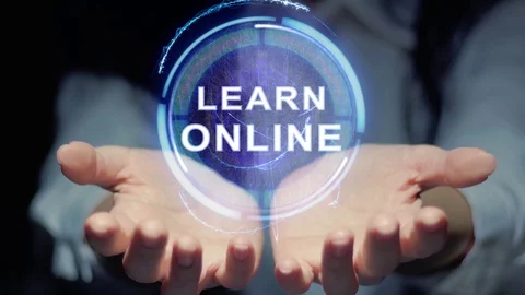 Hands show round hologram Learn Online Stock Footage 108074691