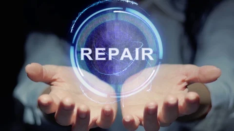 Hands show round hologram Repair Stock Footage 108339853
