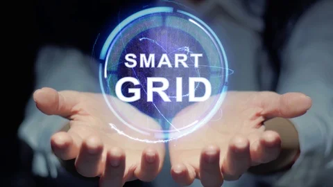Hands show round hologram Smart Grid Stock Footage 108460585