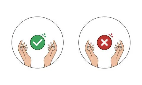 Hands showing correct and incorrect symbols in the shape of a circle Stock Illustration