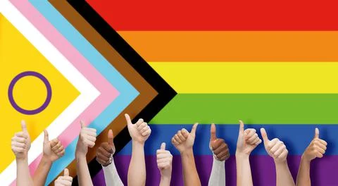 Hands showing thumbs up over progress pride flag Stock Photos