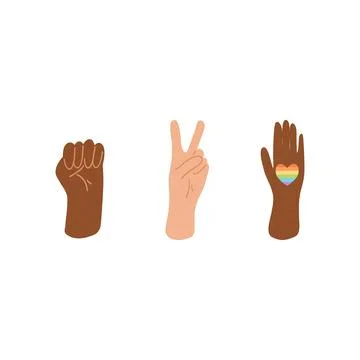 Hands shows different gestures. Pride month banner concept, hand drawn vector Illustrazione stock