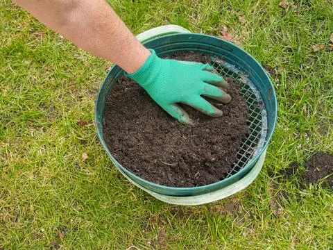 Hands sieving dark course compost through a metal strainer, preparing compo.. Stock Photos