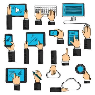Hands sketches with digital devices 스톡 일러스트