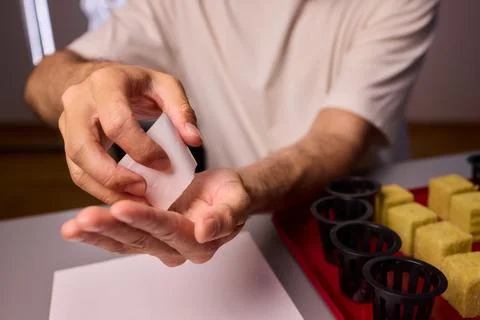 Hands Skillfully Managing Hydroponic Growing Medium with Exact Precise Careful Stock Photos