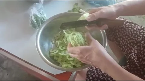 Hands Slicing Bitter Melon into Thin Pieces in Rural Vietnam Vídeos de archivo 336080878