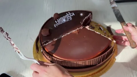Hands Slicing Chocolate Birthday Cake With Knife Stock Footage 344034027