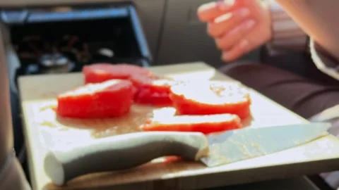 Hands Slicing Fresh Watermelon On Board In Car Stock Footage 337619298