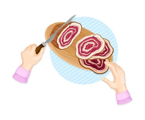 Hands Slicing Meat Roll with Knife on Cutting Board Table Above View Vector Stock Illustration
