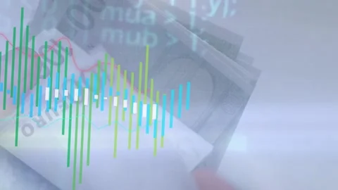 Hands sliding 100 euro note, fanning stack as waveform rising and code layering, Stock Footage 328418253