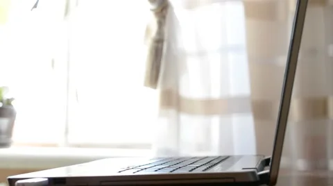 Hands of slim young man typing quickly on laptop at home Stock Footage 49689192