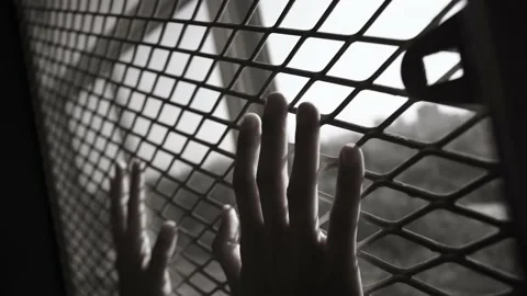 Hands Slip on The Metal Mesh Window Stock Footage 153581317