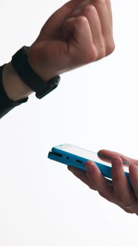 Hands, smart watch and machine for payment in studio with deal, discount and Stock Footage 319814161