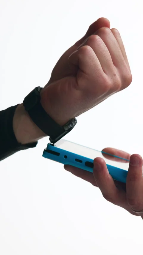 Hands, smart watch and pos for payment in studio with deal, discount and fintech Stock Footage 319814152
