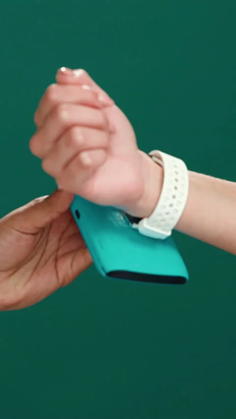 Hands, smart watch and pos in studio for transaction, deal or fintech app for Stock Footage 320107019